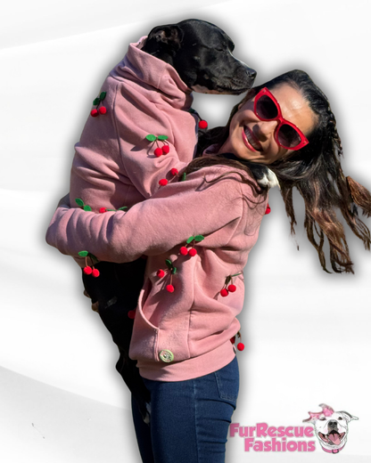 Cherry Love Dog Crewneck – Comfy Pink Sweatshirt with Cherries