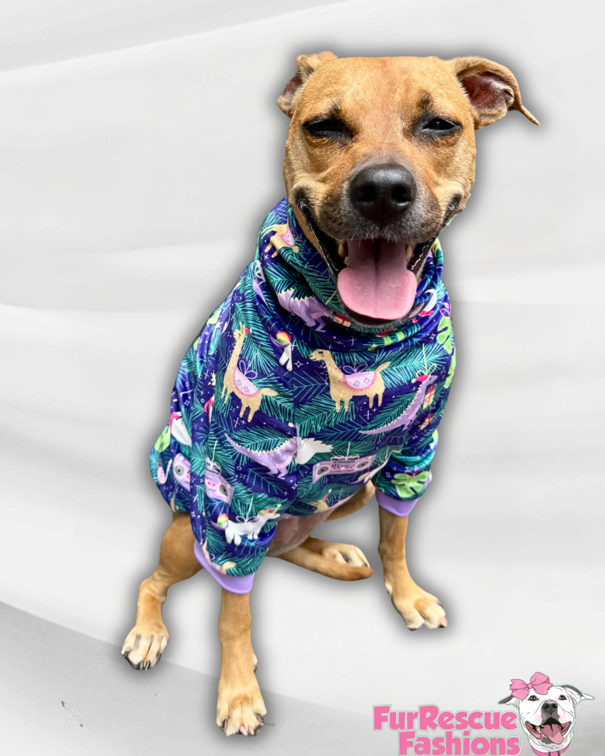Whimsical Holiday Friends - Dog Pajama with Lavender Neck & Trim/Sleeves