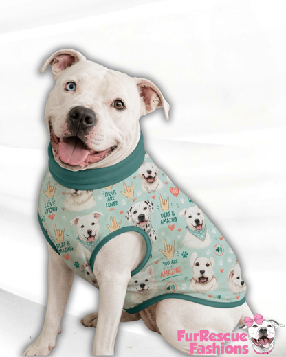 Deaf & Amazing - Dog Pajama with Green or Pink Neck & Trim/Sleeves