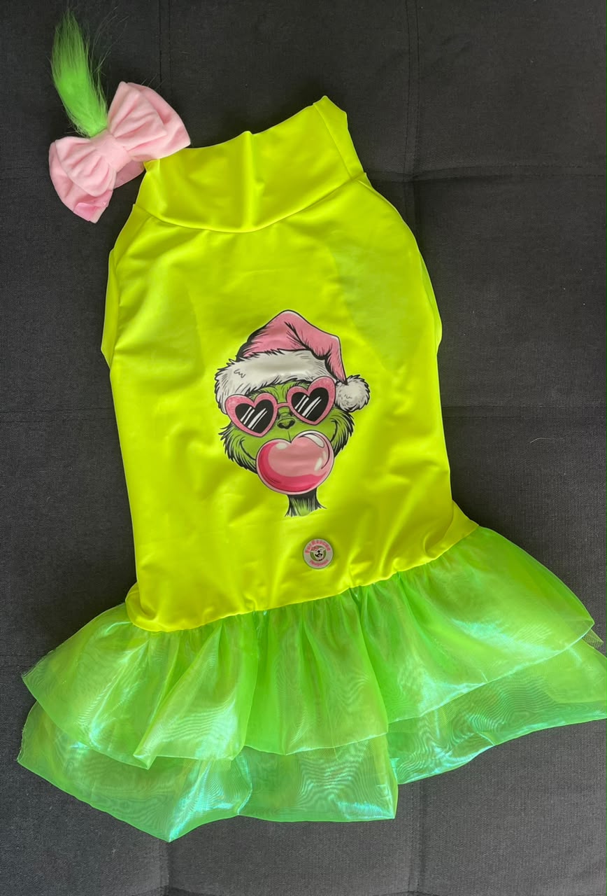 Grinch Bubblegum Dog Tutu Dress With Headband