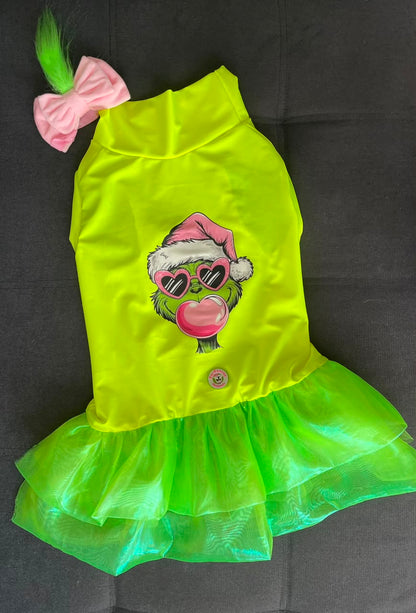 Grinch Bubblegum Dog Tutu Dress With Headband