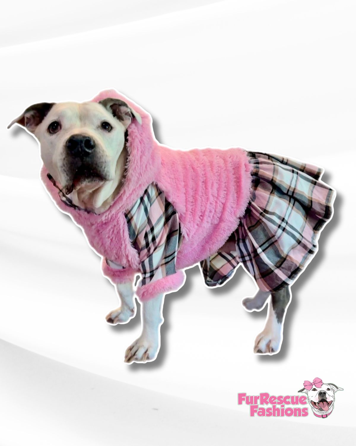 Pretty in Pink Dog Fuzzy Coat with Hoodie & Plaid Skirt