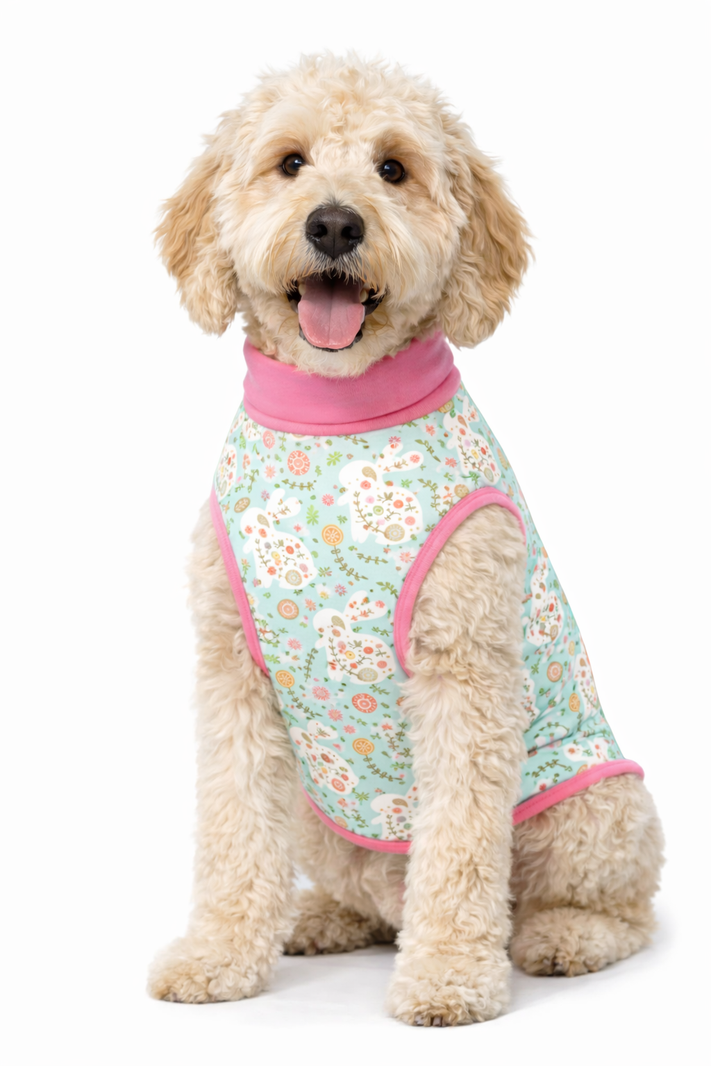 Springtime Bunny Garden Dog Pajama with Pink or Green Neck & Trim/Sleeves