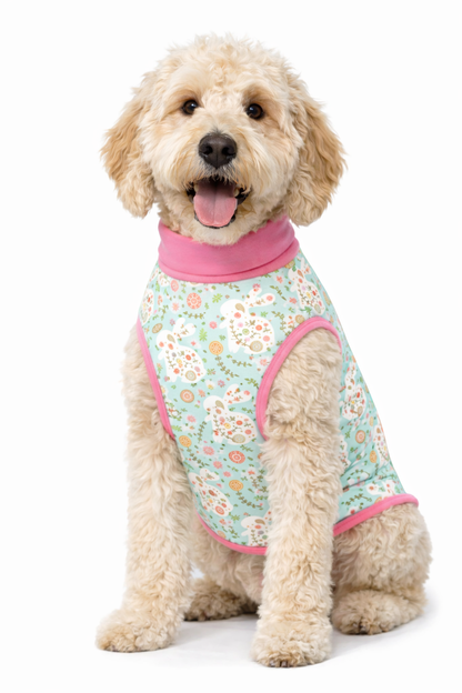 Springtime Bunny Garden Dog Pajama with Pink or Green Neck & Trim/Sleeves