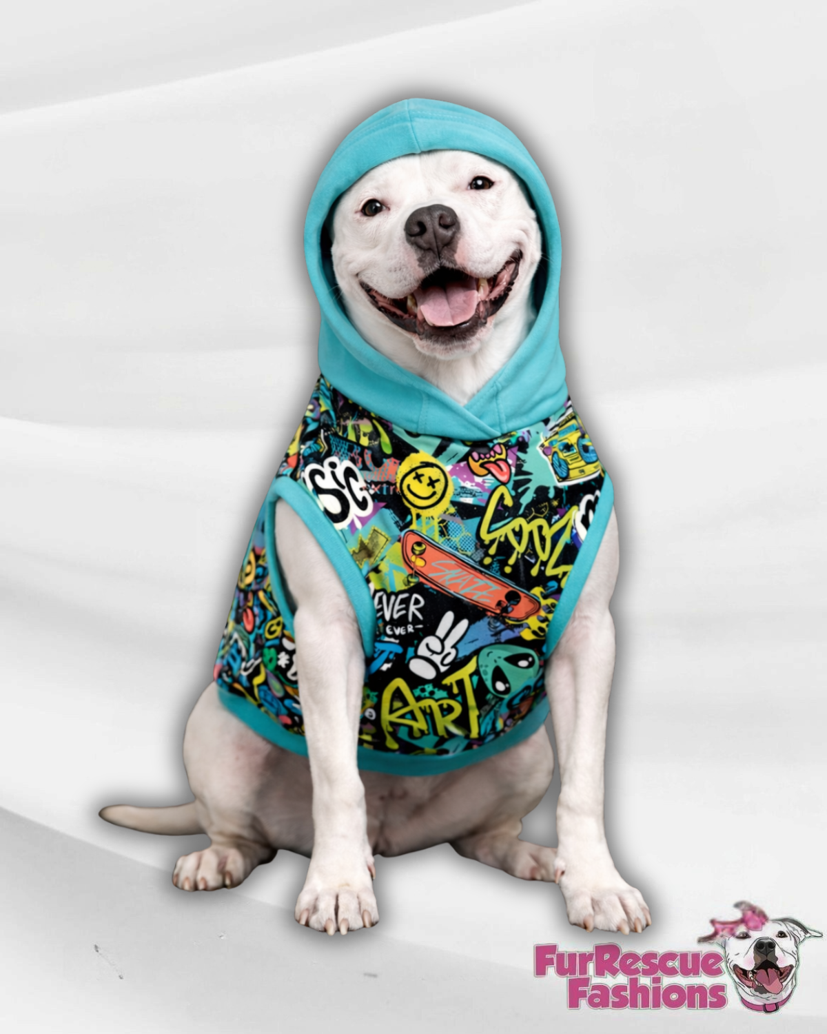 Street Paws Graffiti Dog Pajama with Aqua Neck & Trim/Sleeves