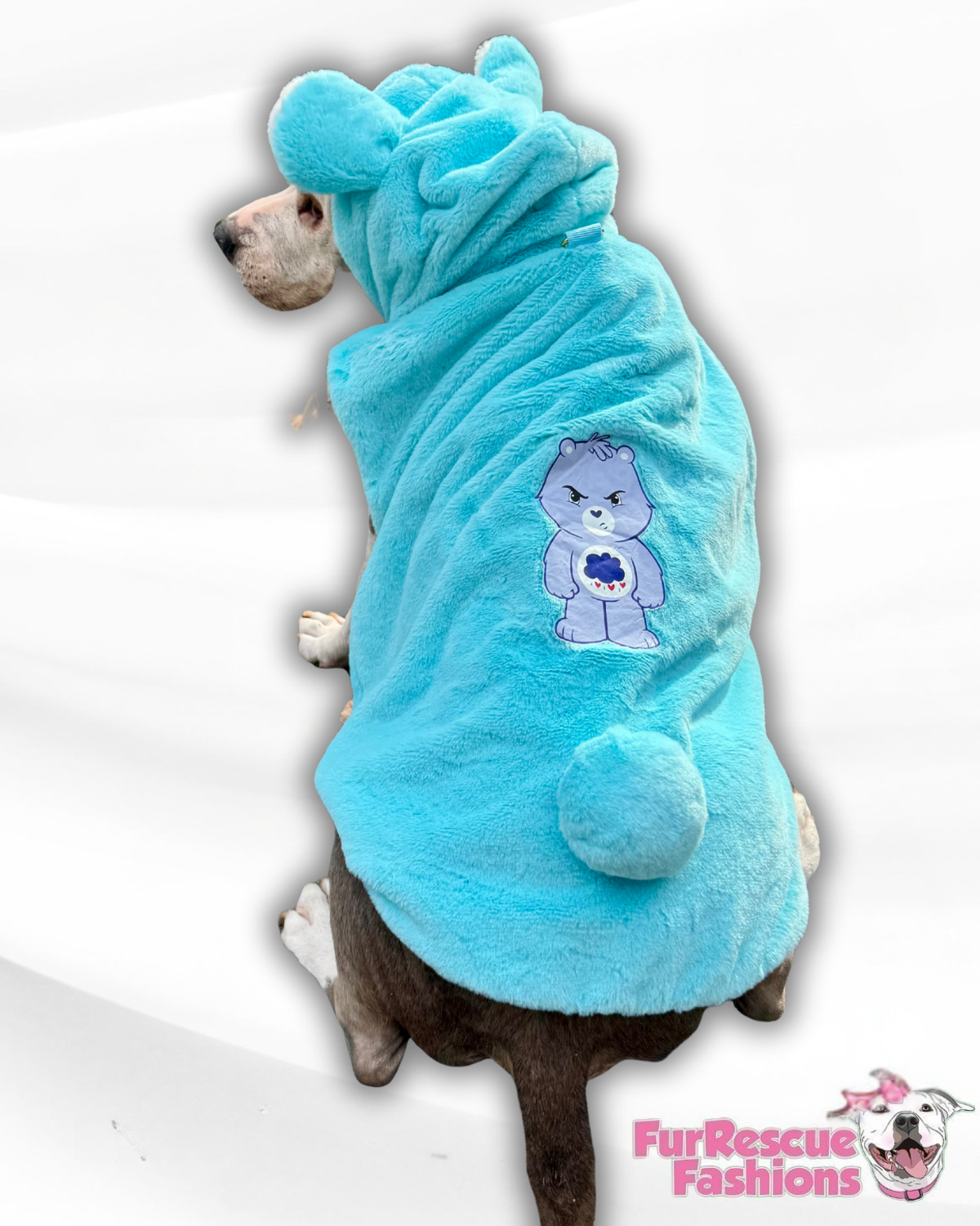 Grumpy Bear Light-Up Dog Hoodie – Luxury Blue Fleece with Ears, Tail & Heart Patch