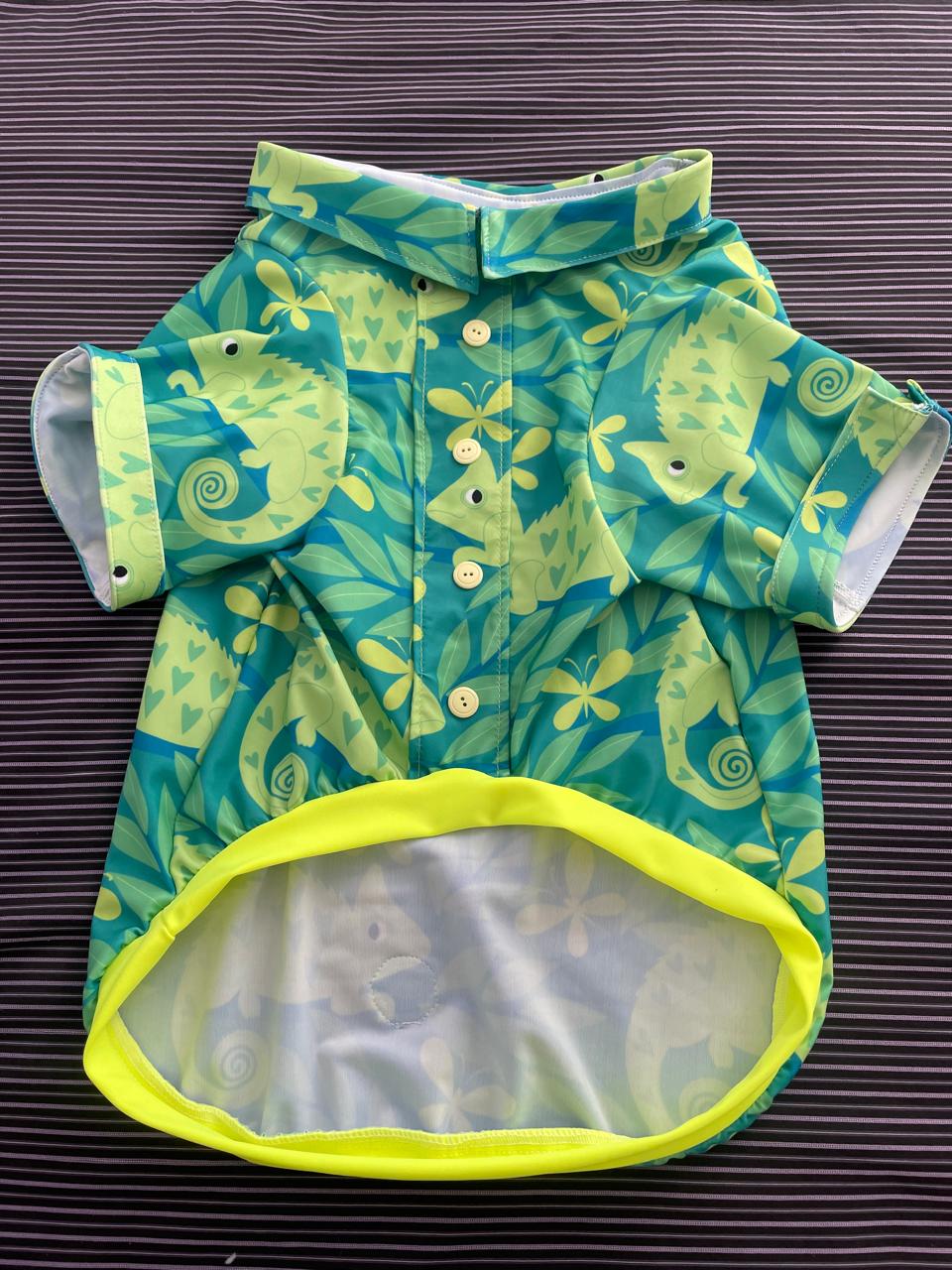 Chillin’ Chameleon - Dog Pajama with Neon Green Neck & Trim/Sleeves