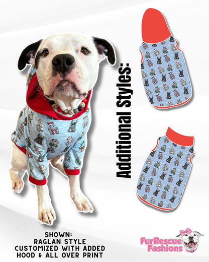 Holiday Hippos Baby Blue - Dog Pajama with Red Neck & Trim/Sleeves