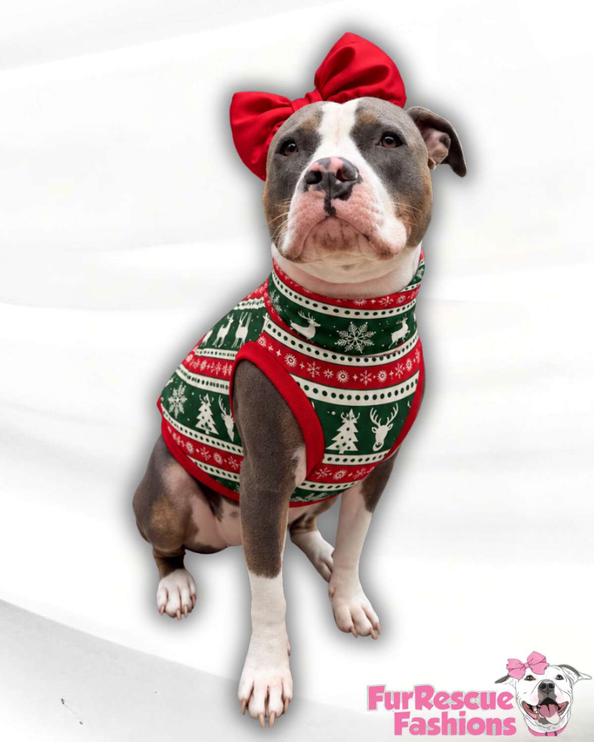 Christmas Reindeer Fair Isle Ultra-Luxe - Dog Pajama with Red Neck & Trim/Sleeves