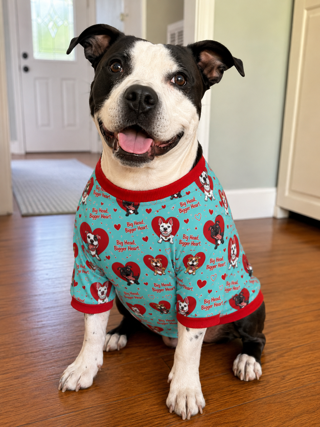 Big Head Bigger Heart - Dog Pajama with Red Neck & Trim/Sleeves