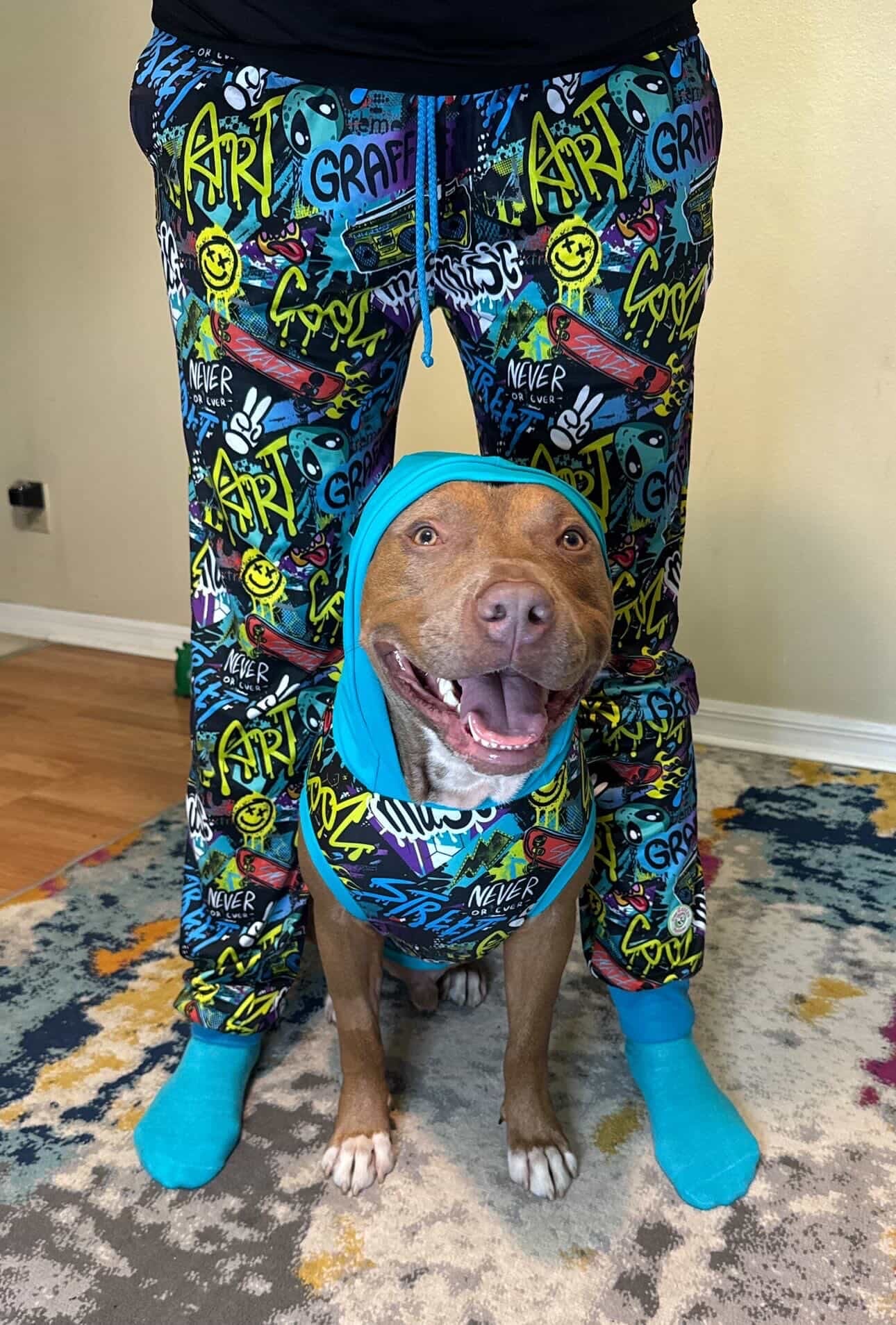 Street Paws Graffiti Dog Pajama with Aqua Neck & Trim/Sleeves