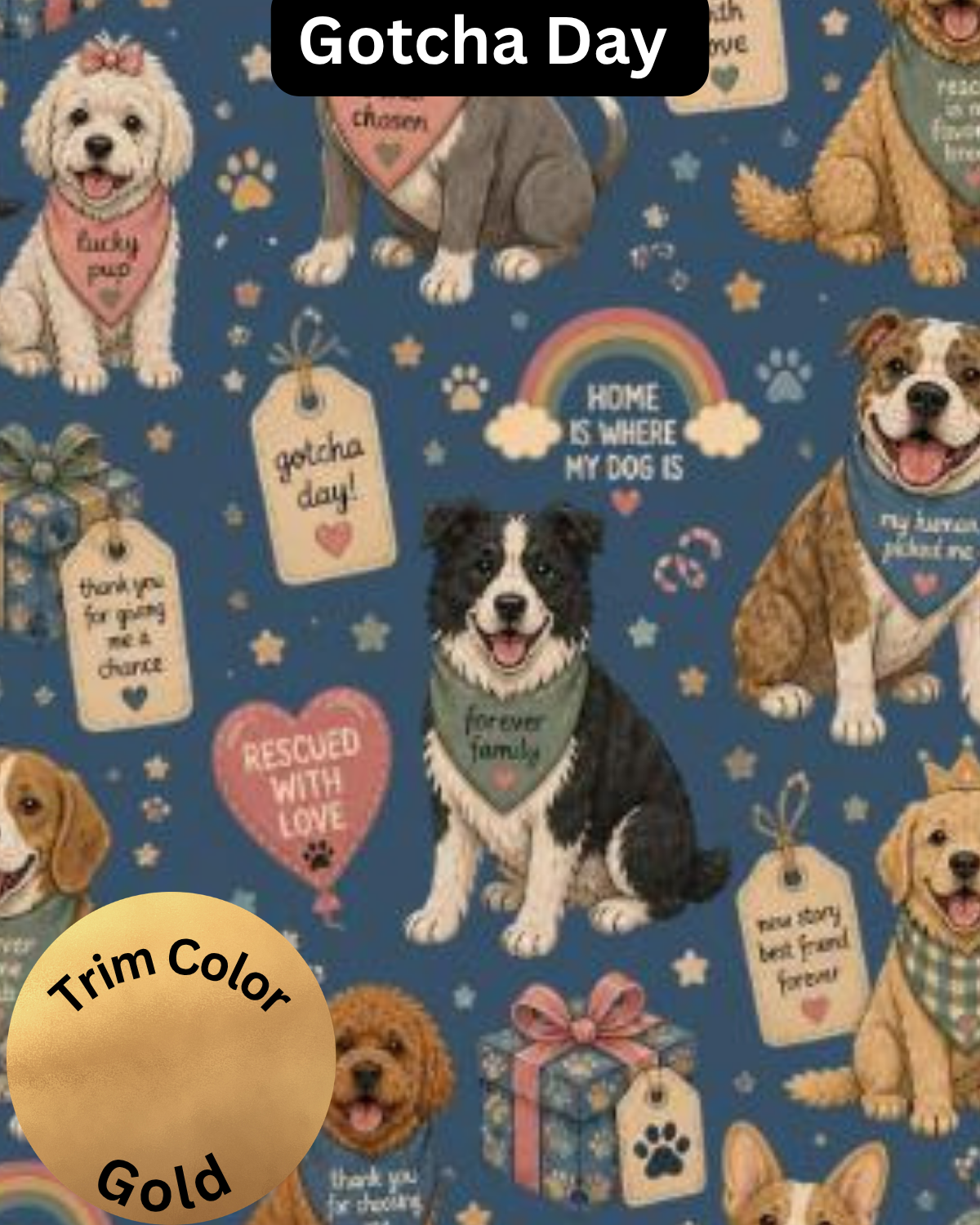 All Breeds Gotcha Day - Dog Pajama with Gold Neck & Trim/Sleeves