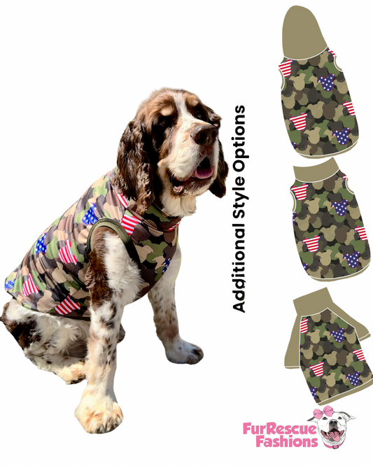 Patriotic Pittie Camo – Dog Pajama with Olive Green Neck & Trim/Sleeves