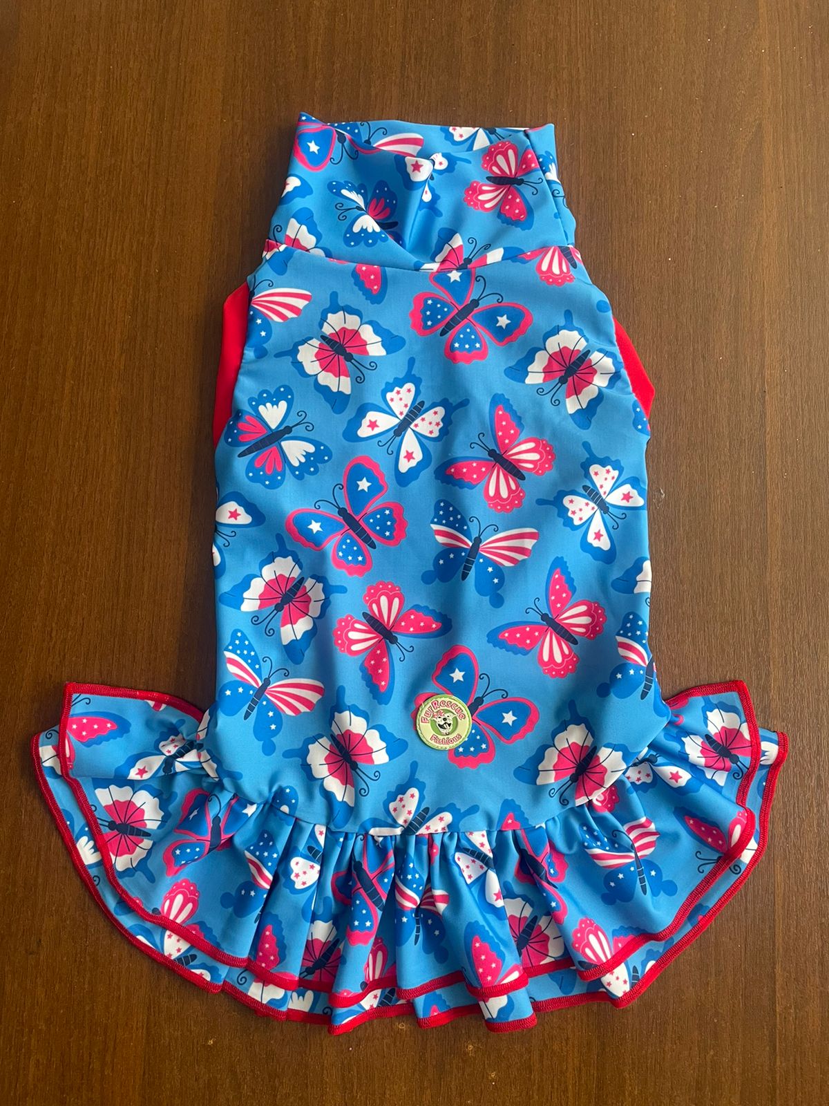 Patriotic Butterflies - Dog Pajama with Red Neck & Trim/Sleeves