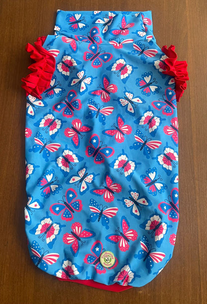 Patriotic Butterflies - Dog Pajama with Red Neck & Trim/Sleeves