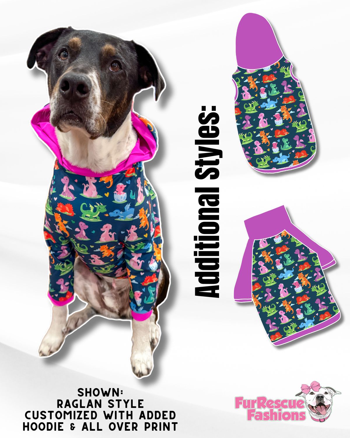 Dragon Valentine - Dog Pajama with Fuchsia OR Green Neck & Trim/Sleeves