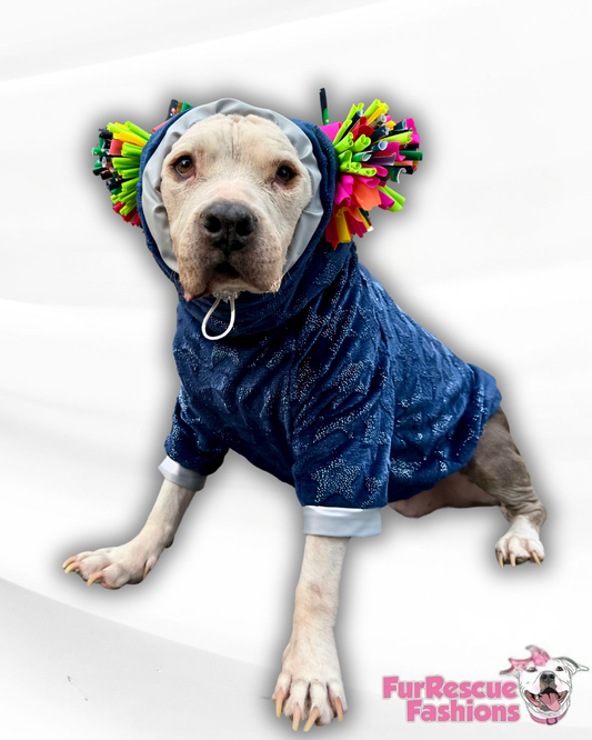 Starry Dreams Luxury Fleece Dog Sweater – Blue Glitter Stars with Recycled Pom Poms & Adjustable Snood or Hoodie