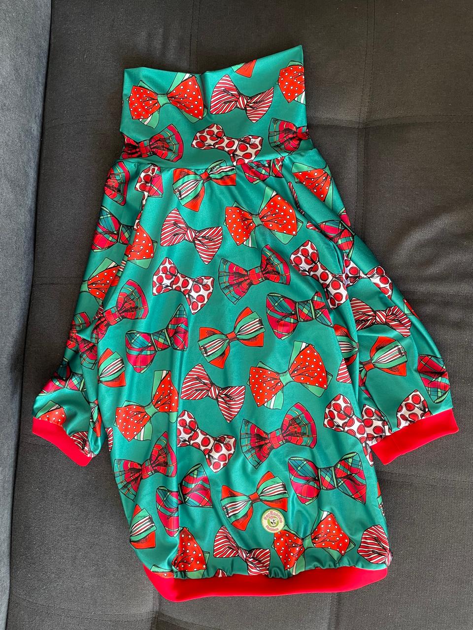 Jolly Holiday Bows - Dog Pajama with Red Neck & Trim/Sleeves