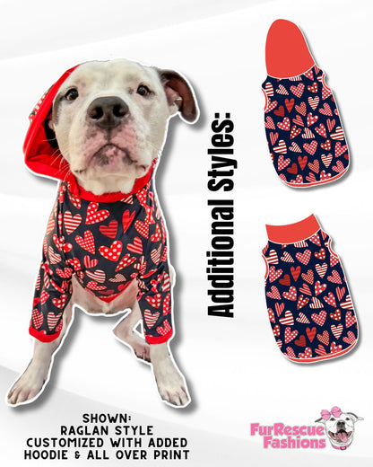 Crazy Hearts - I Love You - Dog Pajama with Red Neck & Trim/Sleeves