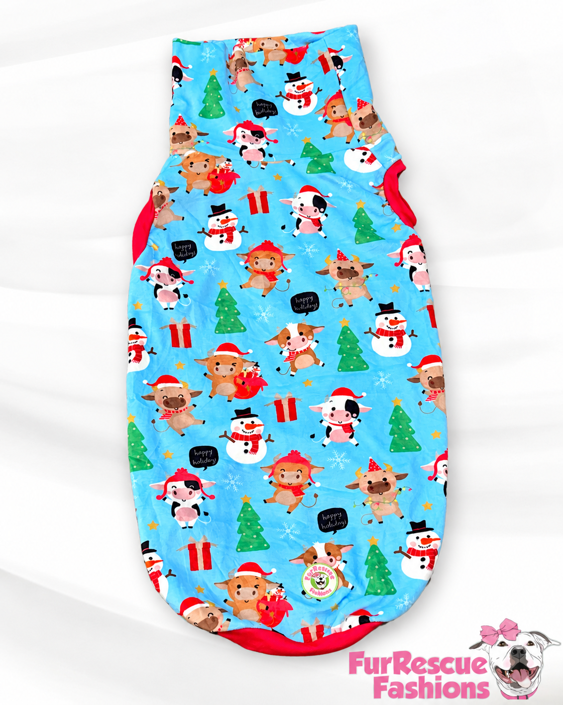 Mooey Christmas Cows - Dog Pajama with Red Neck & Trim/Sleeves