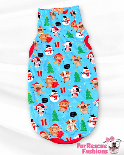 Mooey Christmas Cows - Dog Pajama with Red Neck & Trim/Sleeves