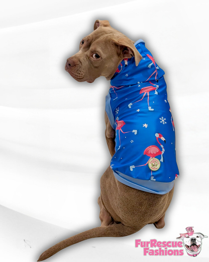 Winter Flamingos Dog Pajama with Light Blue Neck & Trim/Sleeves