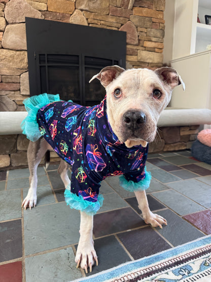 Merry & Bright-ly Wrapped Dog Pajama with Aqua Neck & Trim/Sleeves