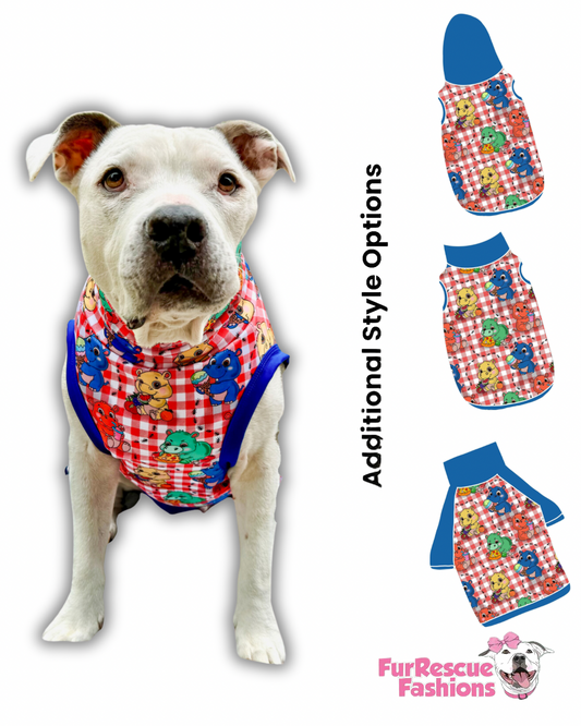 Hungry Hippos Picnic Dog Pajama with Blue Neck & Trim/Sleeves