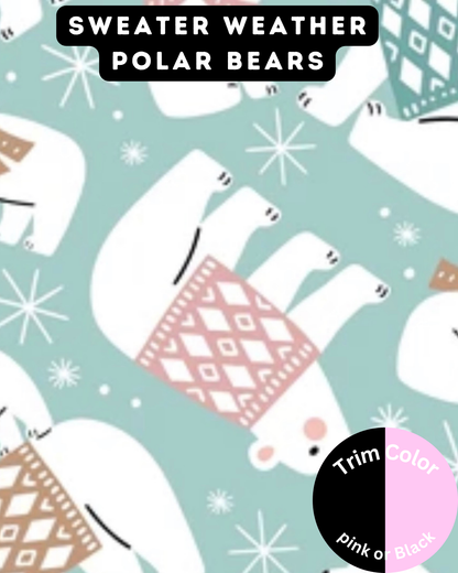 Sweater Weather Polar Bears - Dog Pajama with Pink Or Black Neck & Trim/Sleeves