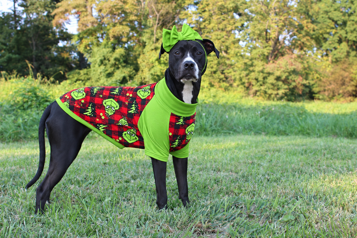 Merry Grinchmas Buffalo Plaid Ultra-Luxe - Dog Pajama with Green Neck & Trim/Sleeves