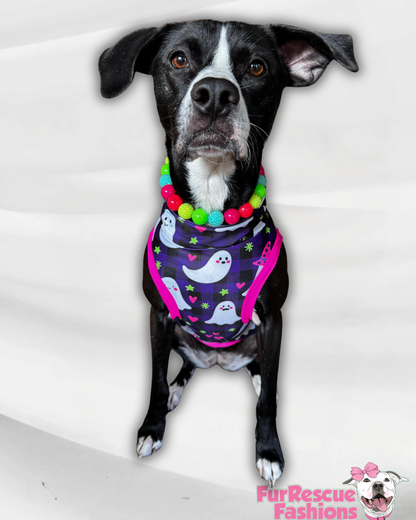 Purple Plaid Ghosts - Dog Pajama with Hot Pink Neck & Trim/Sleeves