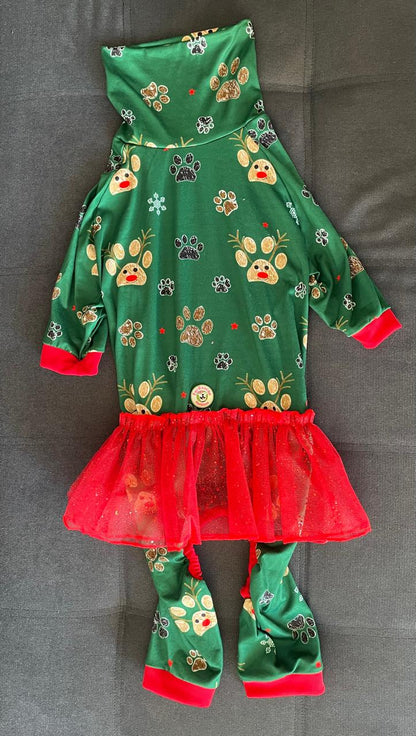 Reindeer Paw Prints - Dog Pajama with Red Neck & Trim/Sleeves