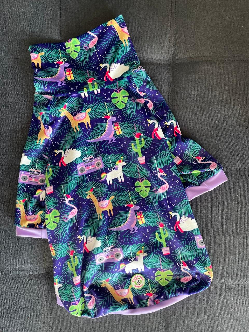 Whimsical Holiday Friends - Dog Pajama with Lavender Neck & Trim/Sleeves