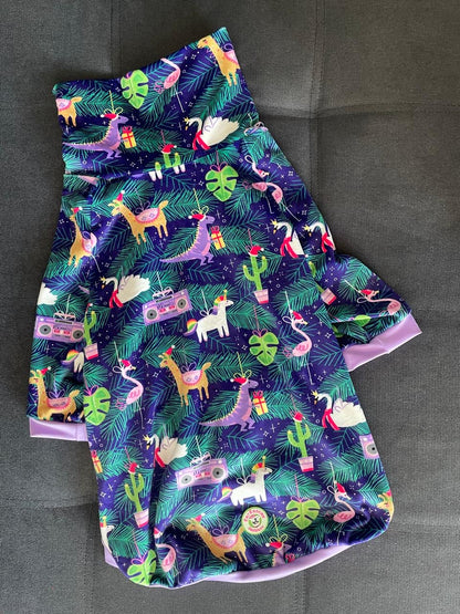 Whimsical Holiday Friends - Dog Pajama with Lavender Neck & Trim/Sleeves