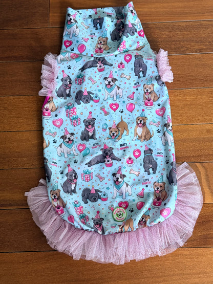 Let’s Pawty on My Barkday Light Aqua - Dog Pajama with Pink Neck & Trim/Sleeves