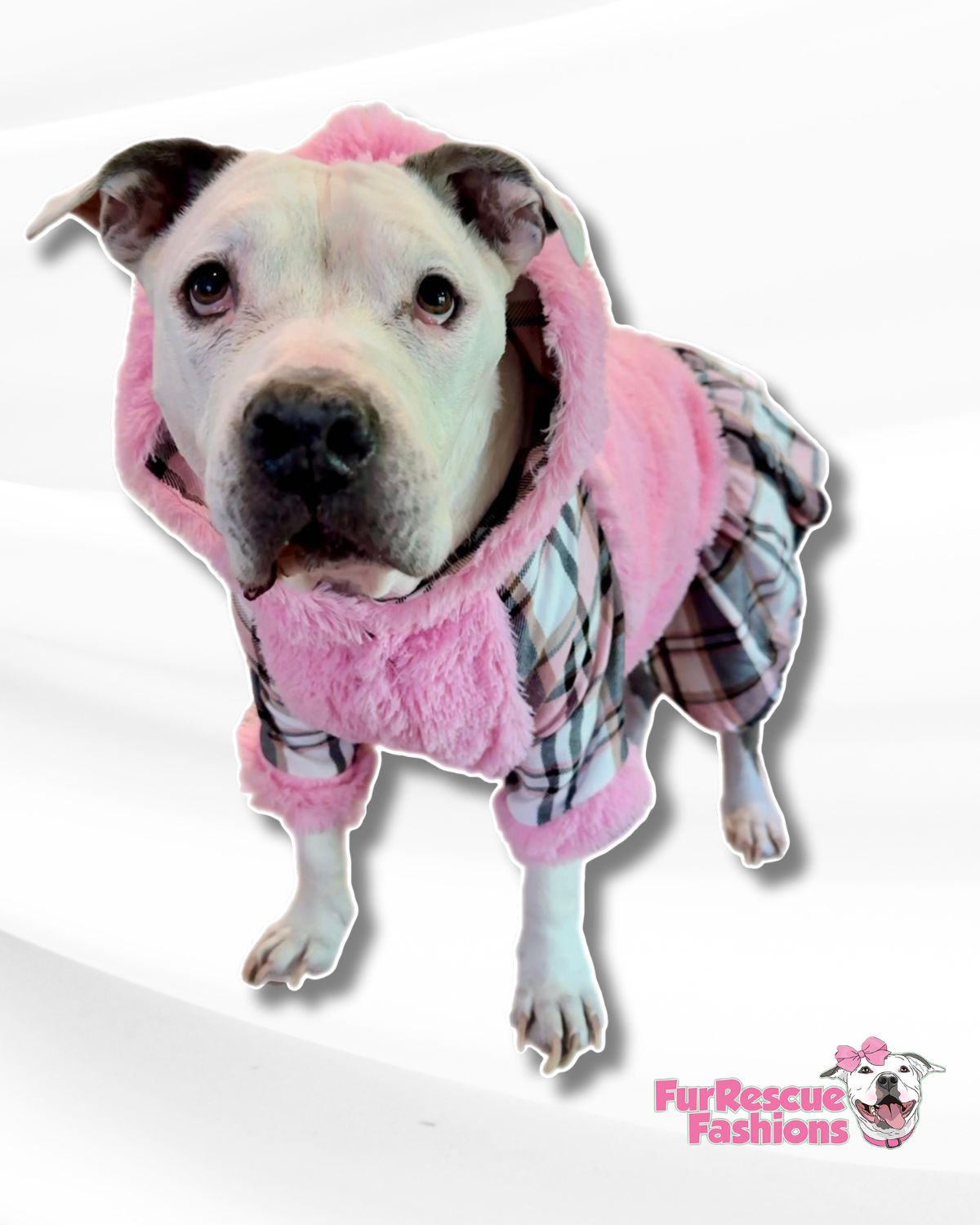 Pretty in Pink Dog Fuzzy Coat with Hoodie & Plaid Skirt