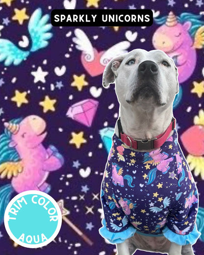 Sparkly Unicorn Dog Pajama with Aqua Neck & Trim/Sleeves