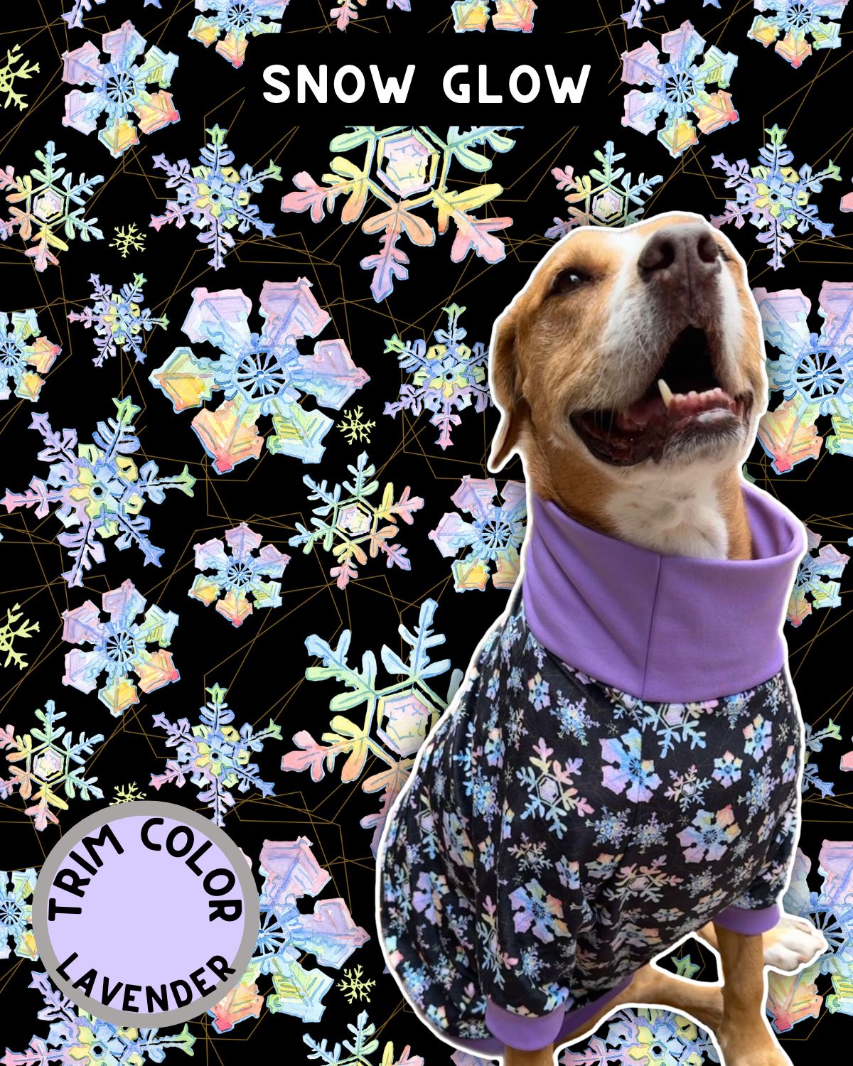 Snow Glow - Dog Pajama with Lavender Neck & Trim/Sleeves