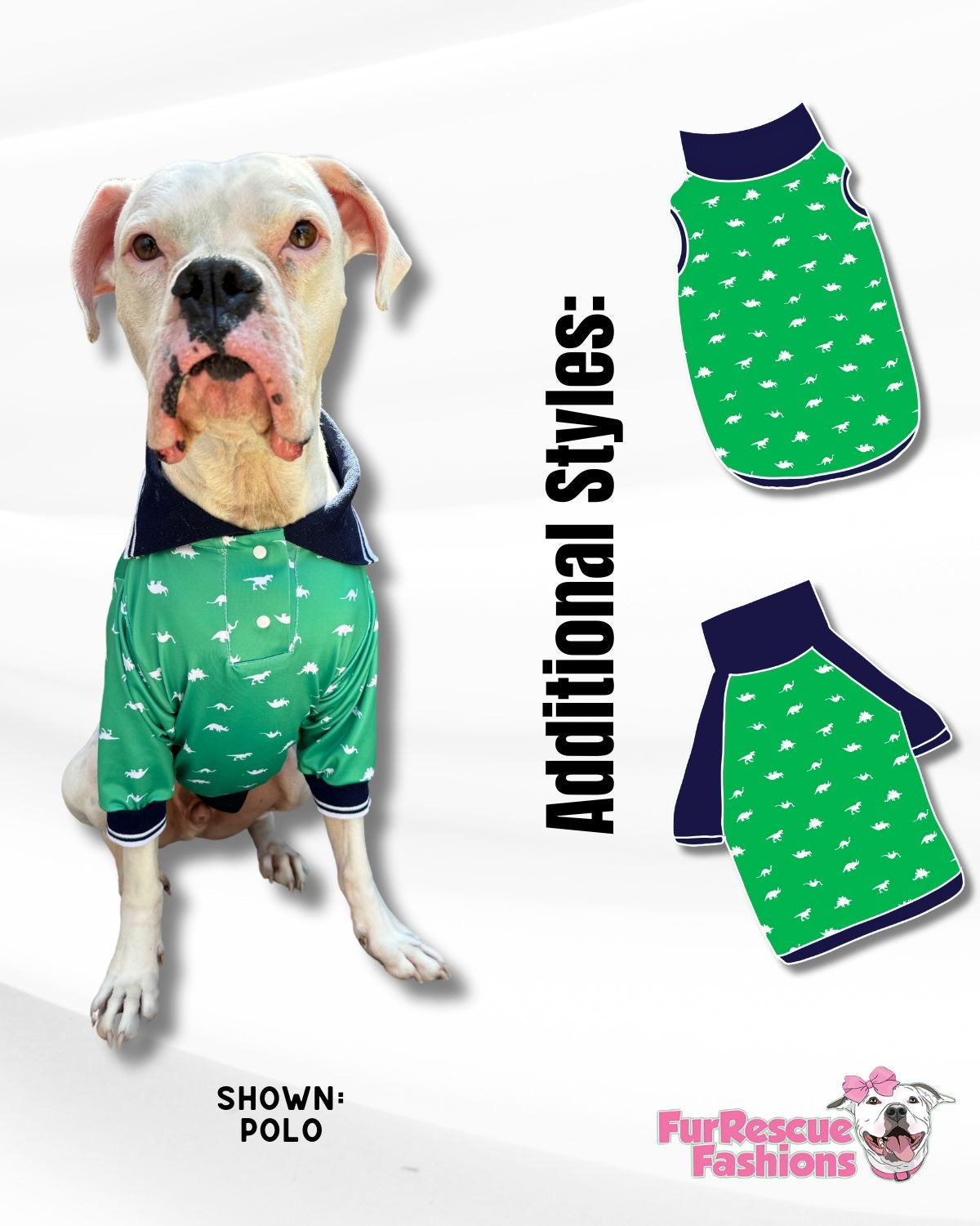 Preppy Dinos (Green) - PAWjama with Blue & White Woven Trim/Collar