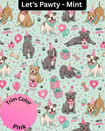 Let’s Pawty on My Barkday Light Aqua - Dog Pajama with Pink Neck & Trim/Sleeves