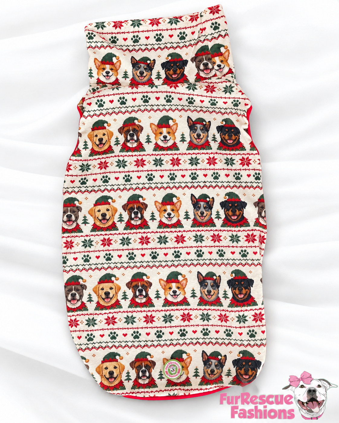 Santa’s Little Helpers Christmas  Fair Isle - Dog Pajama with Red Neck & Trim/Sleeves
