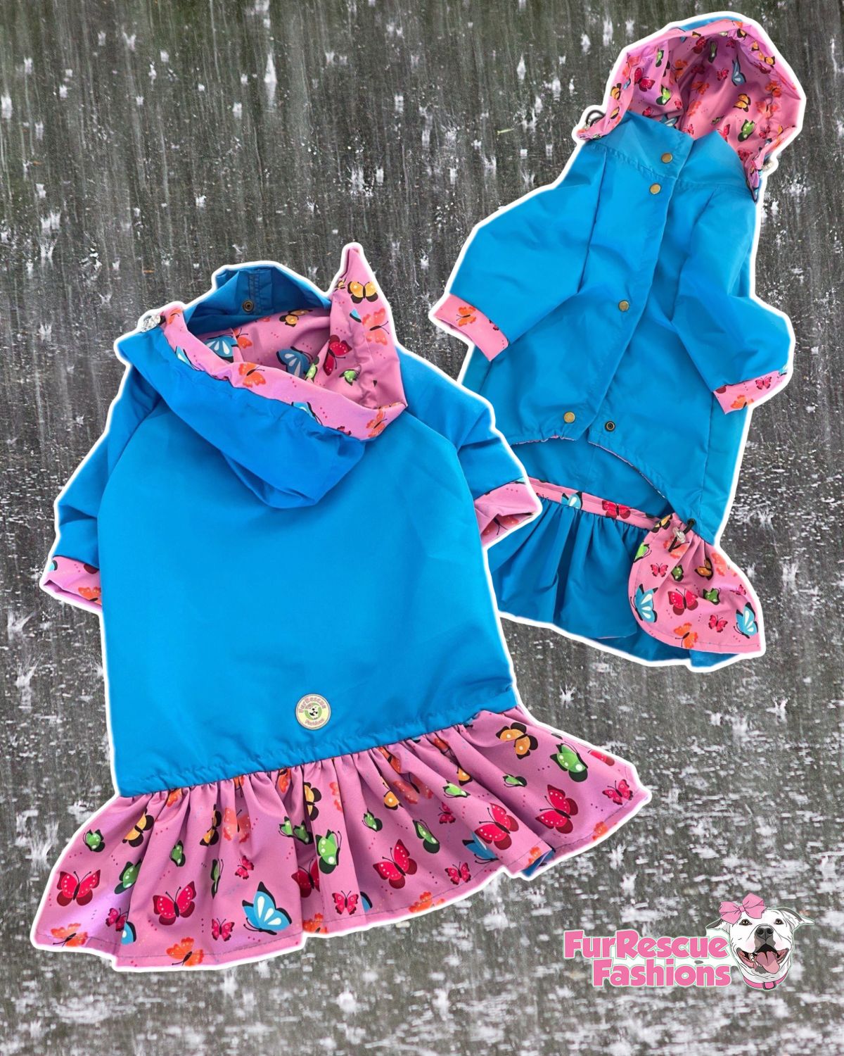 Butterflies' Sky Reversible Rain Jacket Or Cape with Removable Hoodie And Skirt Or Ruffles