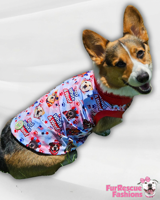 Red, White & Woof - Dog Pajama with Red OR Blue Neck & Trim/Sleeves