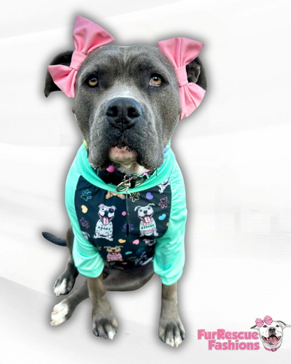 FurResCrew Charcoal- Dog Pajama with Mint or Pink Neck & Trim/Sleeves