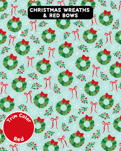 Christmas Wreaths & Red Bow - Dog Pajama with Red Neck & Trim/Sleeves