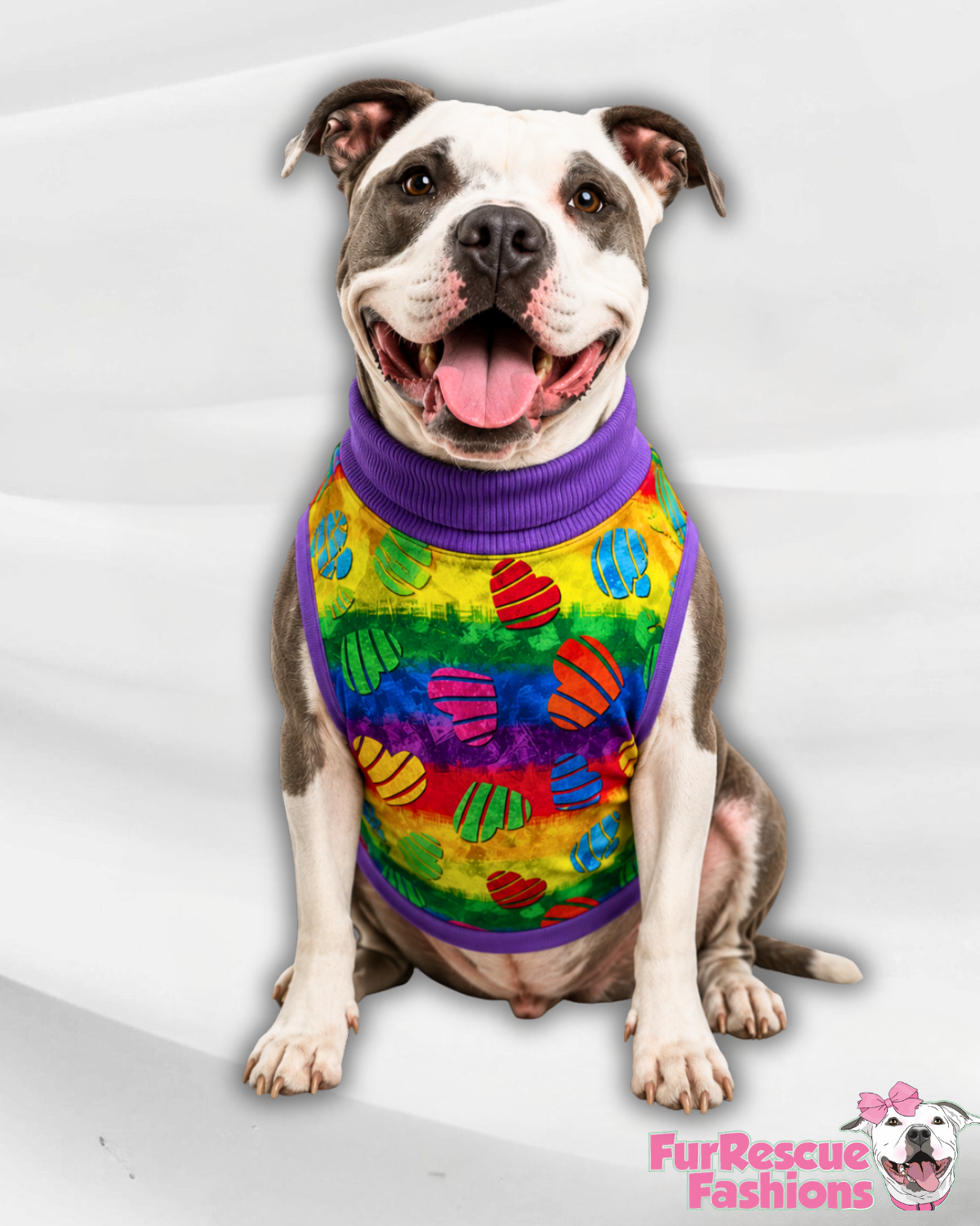 Rainbow Pride Hearts - Dog Pajama with Purple Neck & Trim/Sleeves