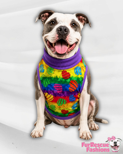 Rainbow Pride Hearts - Dog Pajama with Purple Neck & Trim/Sleeves