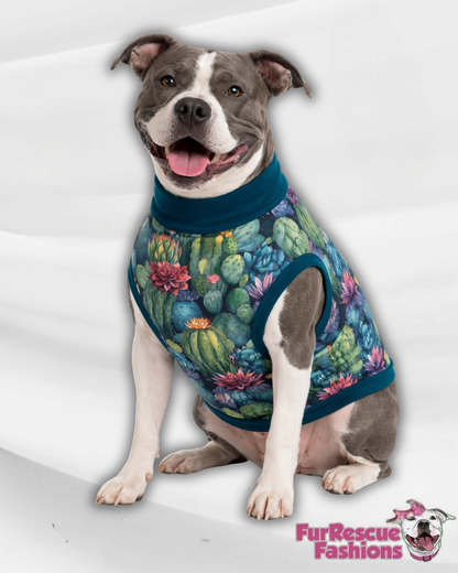 Desert Bloom Cactus & Succulent Garden Dog Pajama with Deep Teal Neck & Trim/Sleeves