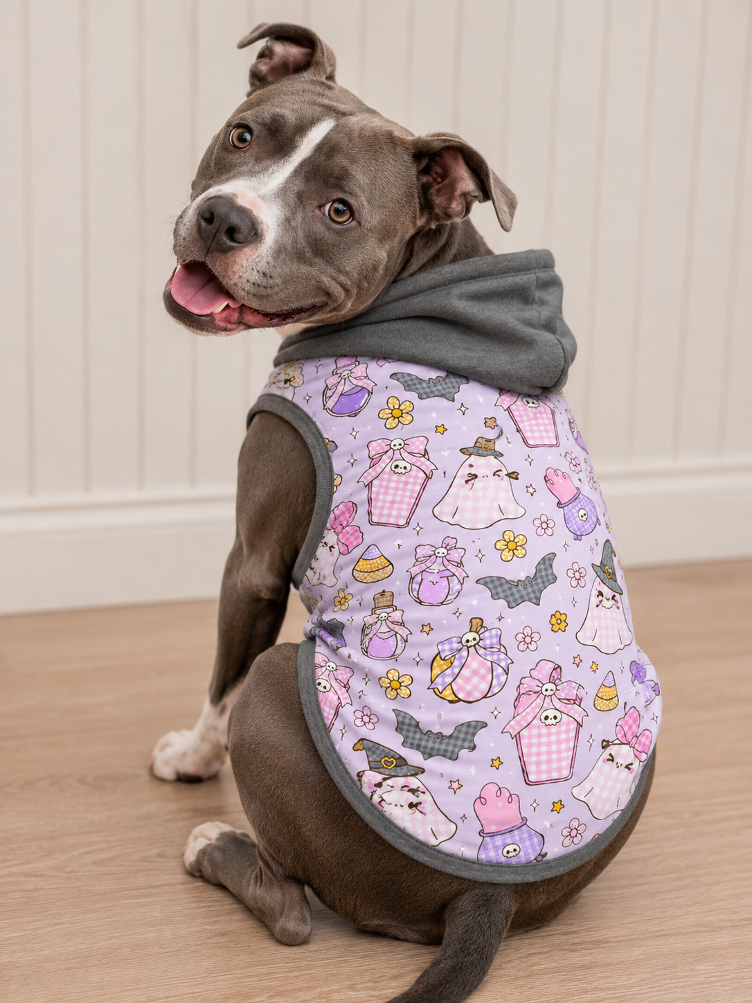 Pastel Kawaii Halloween Ghosts - Dog Pajama with Grey Neck & Trim/Sleeves