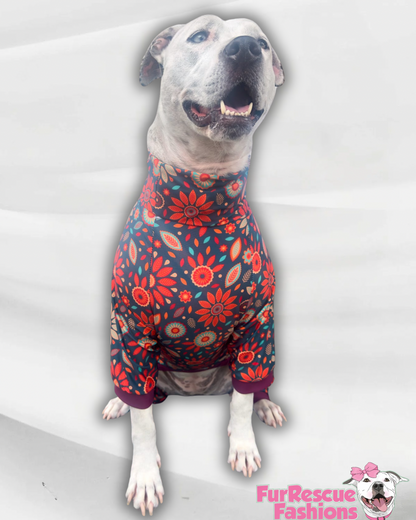 Boho Autumn Blooms - Dog Pajama with Burgundy Neck & Trim/Sleeves